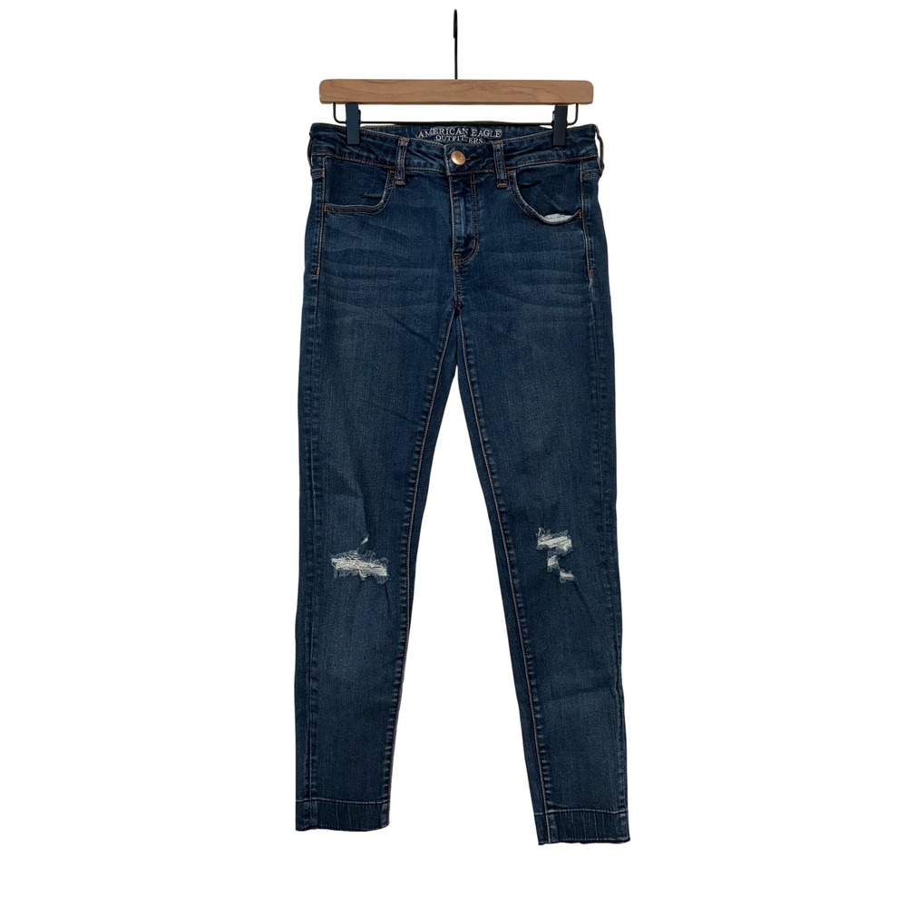 American Eagle Super Stretch Grunge 90's Skinny Jeans Dark Wash Distressed 6 L